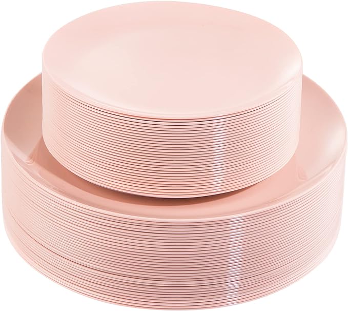 KIRE 60PCS Pink Plastic Plates Disposable - Heavy Duty Pink Plates for Party - Include 30Pieces 10.25inch for Dinner and 30Pieces 7.5inch for Dessert Salad