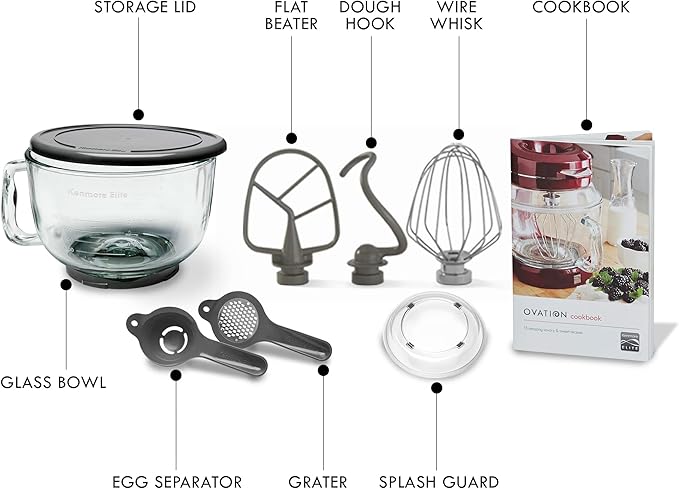 Kenmore 500W Oviation Stand Mixer - 10 Speed Mixing, Tilt-Head, Handheld Glass Bowl With Pouring Top Splash Guard, Flat Beater, Whisk, Dough Hook Attachments Countertop Kitchen Appliance, 5QT Grey