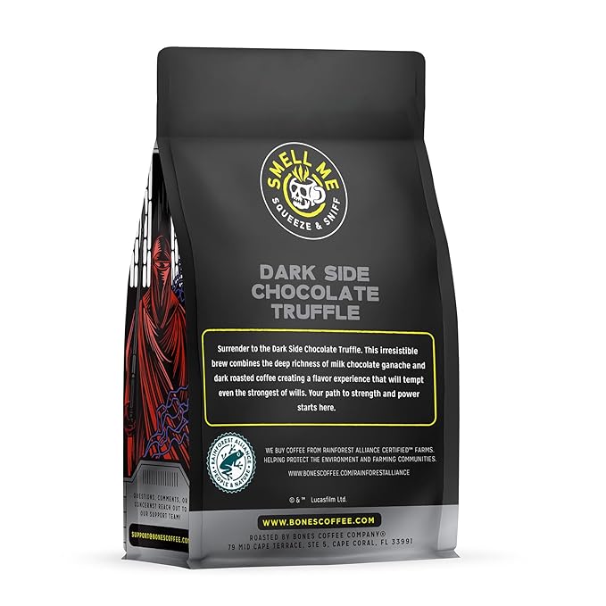 Bones Coffee Company Star Wars Dark Side, Chocolate Truffle Flavored Coffee, Medium Roast Low Acid Arabica Beans Compatible with Auto drip and French Press Coffee Maker, 12 Oz Ground