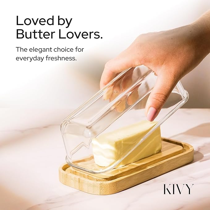 KIVY Glass butter dish with airtight lid that keeps butter soft - For countertop and refrigerator door shelf - Butter tray fridge - Butter holder for counter - Covered butter dishes with lid