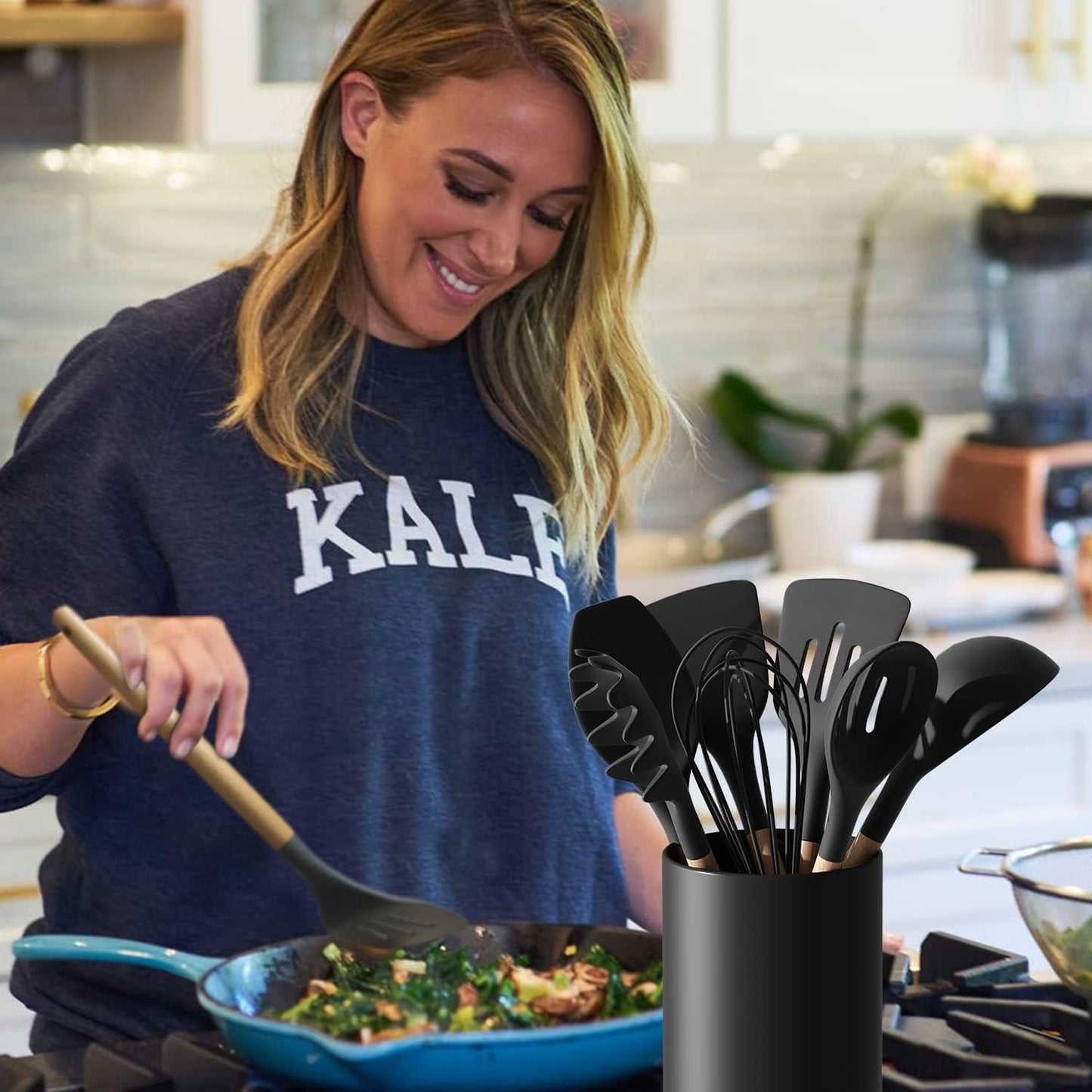 Black Kitchen Utensil Holder for Countertop, Matte Ceramic Utensils Crock for Kitchen Counter-top, Modern Spatula Holder, Cooking Utensil Holder Easy to Clean for Farmhouse 4.5×6.4 IN