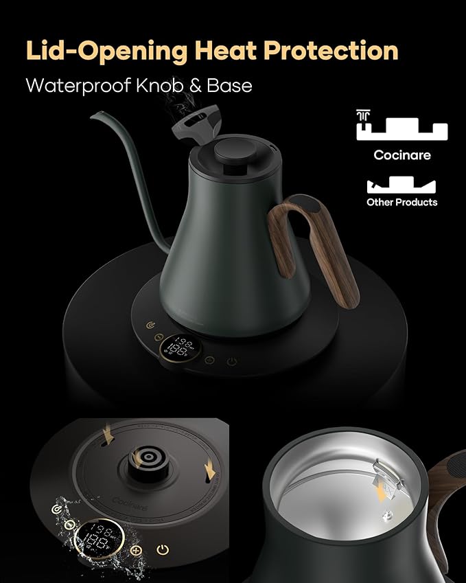 Cocinare FLOW B9 Gooseneck Electric Kettle, Precise Temperature Control for Pour-Over Coffee & Tea Brewing, Stainless Steel Interior, Rapid Heating for Boiling Water 1500W/0.9L (Green Wooden)