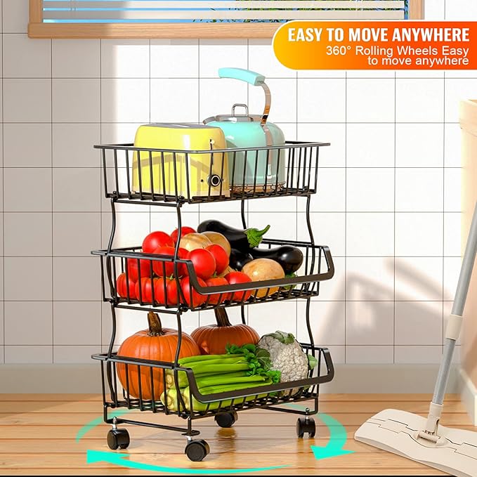 3-Tier Rolling Pantry Organizers and Storage Cart with Wheels – Stackable Wire Snack Cart for Kitchen, Pantry Shelves and Storage Rack for Fruit, Vegetables, Onion, Potato, 1 Pcs