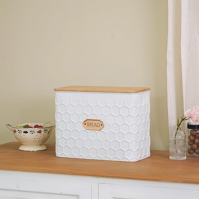 NIKKY HOME Extra Large Space Saving Farmhouse White Bread Box With Bamboo Lid - Holds 2 Loaves - Vertical Breadbox Bread Storage Bin Holder for Kitchen Countertop, Honeycomb Embossed Pattern