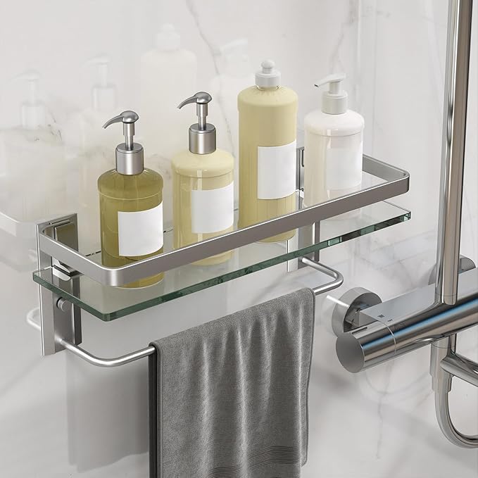Danpoo Bathroom Wall Shelf with Towel Bar, Clear Tempered Glass, Hand Towel Holder (Matte Silver)