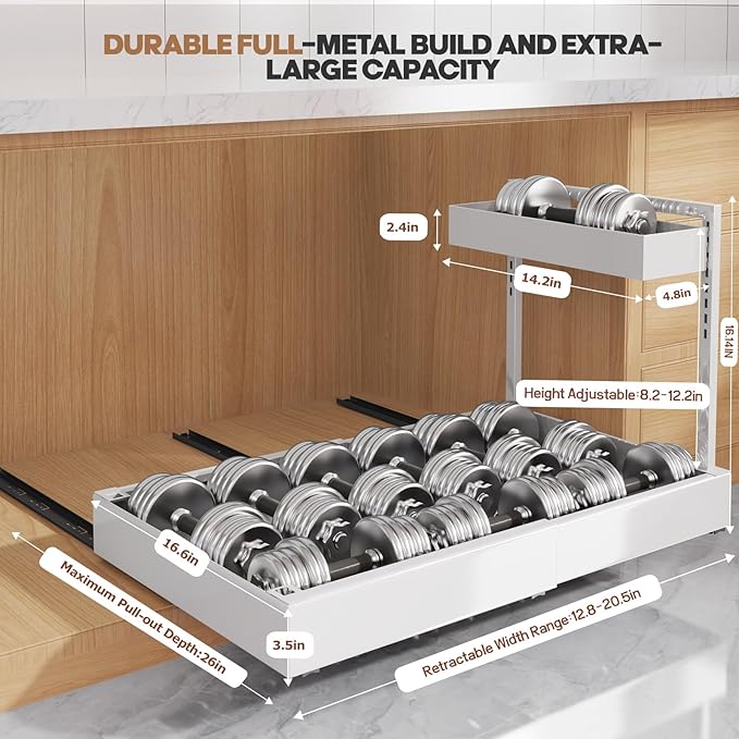 1-Pack L-Shape Expandable Under Sink Organizer with 3 Ball-Bearing Slide Rails,2-Tier Pull-Out Under Cabinet Storage Shelf for Kitchen & Bathroom,Height-Adjustable Slide-Out Cabinet Drawer-White