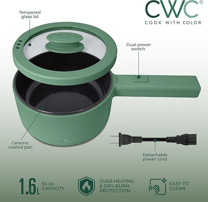 COOK WITH COLOR Electric Hot Pot, 1.6L Mini Cooker, 700W Power, Non-Stick Surface, Thermal Cut-Out Protection, Perfect for Rice, Noodles, Soups, Stews, Dorms, Apartments, and Small Kitchens, Dark Sage