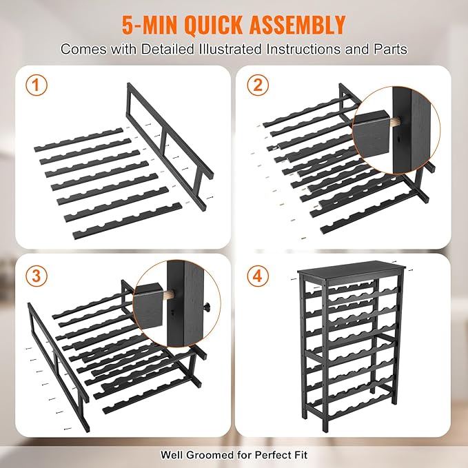 VEVOR 42 Bottle Modular Wine Rack, 7-Tier Solid Bamboo Wood Storage Racks with Table Top, Floor Freestanding Wines Holder Display Shelf, Wobble-Free Shelves for Kitchen, Bar, and Cellar (Black)