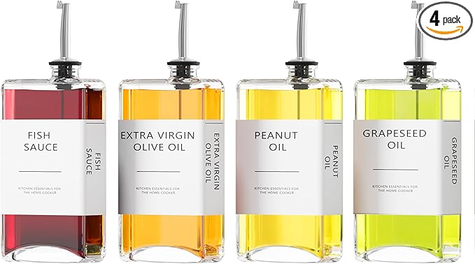 New England Stories Kitchen Cooking Oil Dispenser Set, Olive Oil and Vinegar Bottles, Soy Sauce Dispenser - 4 Pieces, Silver, Durable & Stylish Design