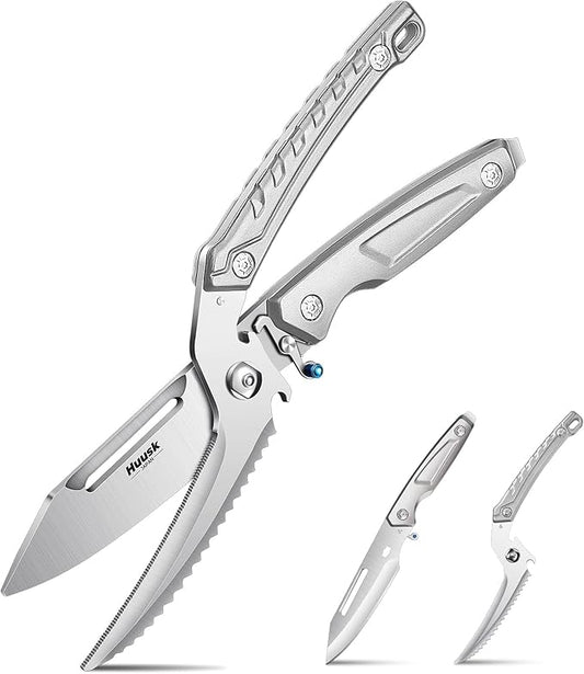 Huusk Heavy Duty Poultry Scissors - Kitchen Scissors with Serrated Edge, Detachable Sharp Shears for Cutting Meat, Chicken Bone and Turkey, All Purpose for Thanksgiving (Silver)