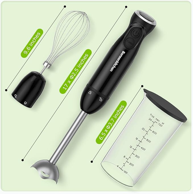 Bonsenkitchen Immersion Blender Handheld, 12-Speed and Turbo Hand Blender Electric with Sharp Blades, 3-In-1 Hand Held Stick Mixer with Egg Whisk, 24oz Beaker for Soups, Smoothies, Sauce