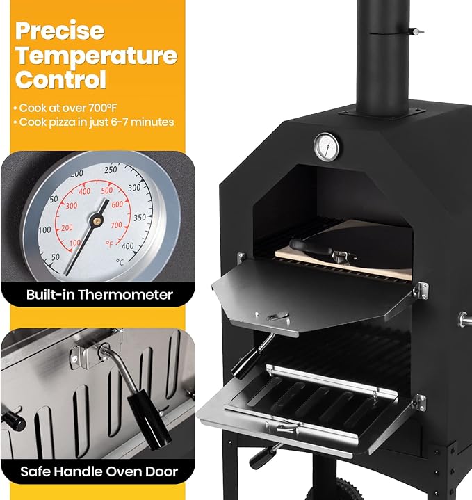 Outdoor Pizza Oven Wood Fired Pizza Oven Patio Portable Pizza Maker Cooking Grill with Wheels Waterproof Cover for Backyard Camping