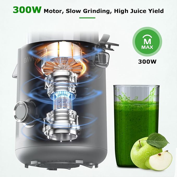 OMMO Cold Press Juicer Machines: 5.1" Feed Chute for Whole Fruits & Veggies, 300W Slow Juicer BPA Free for Kids, Beep Alert Easy Clean Juicers for Busy Mornings/Moms/Fitness/Healthy Living, Grey