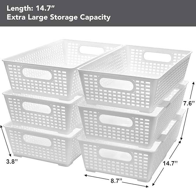 Stackable Woven Plastic Basket, Storage Bins for Cabinet, Closet, Shelf, Under Sink and Countertop, Pantry Organizer Bins, 6 Pack