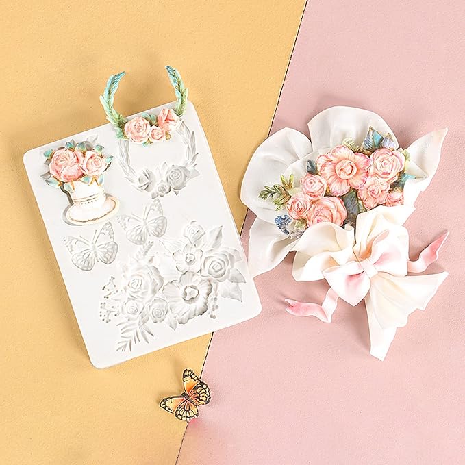 Rose Fondant Molds, Flower Pot Bouquet Butterfly Chocolate Cake Decorating Silicone Molds for Cupcake Topper, Candy, Sugar Craft, Floral Paste, Mousse, Gum Paste, Epoxy Resin, Polymer Clay, Home Decor