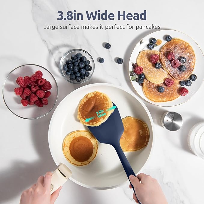 600ºF Heat Resistant Silicone Turners: U-Taste 13.6in Long Solid & Slotted Kitchen Spatula Flipper, Food Grade Wide & Large Flexible Cooking Utensils for Flipping Eggs, Pancakes (Midnight Blue, 2PCS)