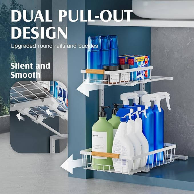 2 Pack Under Sink Organizers and Storage, Height Adjustable Under Sink Storage, Under Cabinet Organizer, Metal 2 Tier Pull out Cabinet Organizer, Bathroom Organizers and Storage, White