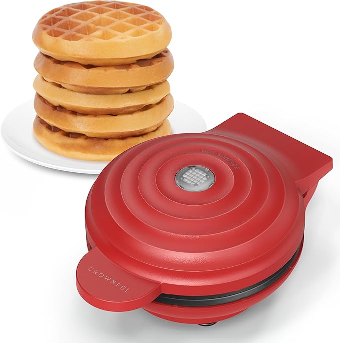 CROWNFUL Mini Waffle Maker Machine, 4 Inch Chaffle Maker with Compact Design, Easy to Clean, Non-Stick Surface, Recipe Guide Included, Perfect for Breakfast, Dessert, Sandwich, or Other Snacks (Red)