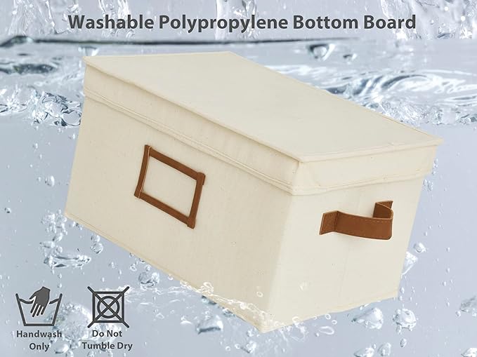 StorageWorks Large Storage Bins with Lids, Decorative Storage Boxes with Lid and PU Handles, Foldable Storage Baskets for Closet, Shelves, Stackable, Ivory White, 3-Pack