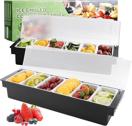 WICHEMI Fruit, Veggie & Condiment Caddy with Lid Dispenser Tray Garnish Station for Bartending & Serving Taco, Ice Cream, Salad Bar - Topping Organizer for Restaurant Supplies (6 Compartment, 2 Pack)