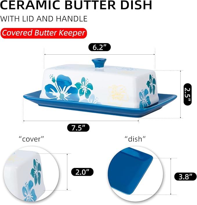 Butter Dish Ceramic Butter Keeper Butter Dish with Lid, Butter Container, Blue