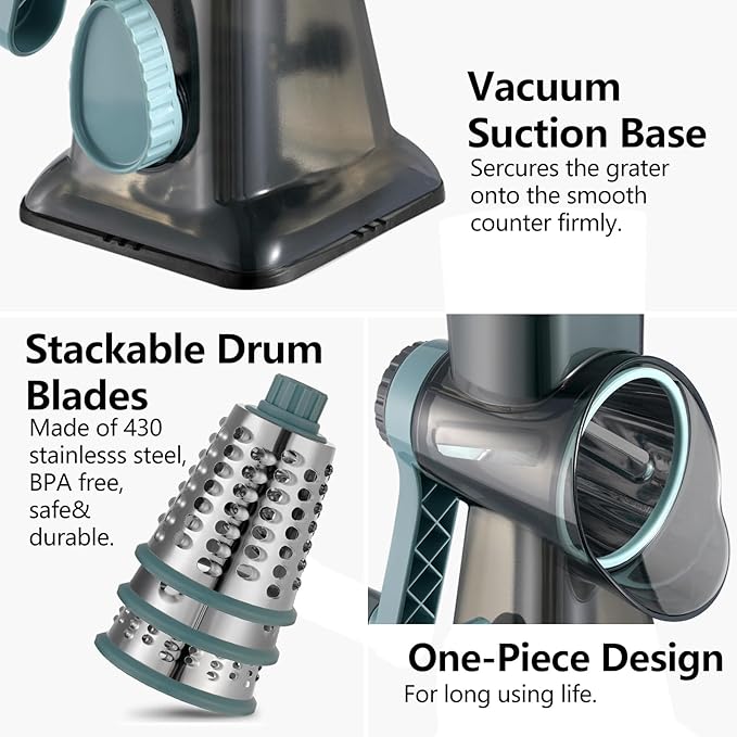 Cheese Grater Hand Crank Rotary Vegetables Shredder with Handle, 3-in-1 Graters with Interchangeable Blades and Strong Suction Base Multifunctional Slicer for Kitchen,white