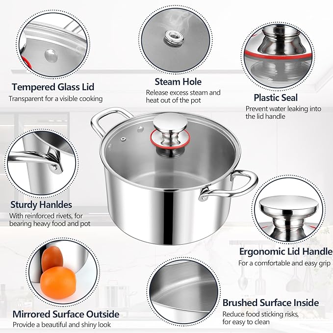 P&P CHEF 6 Quart Tri-Ply Stainless Steel Stock Pot, 6 Qt Stockpot Pasta Cooking Pot with Visible Lid for Soup Vegetable, Induction Cookware for All Stoves, Sturdy & Double Handle, Dishwasher Safe