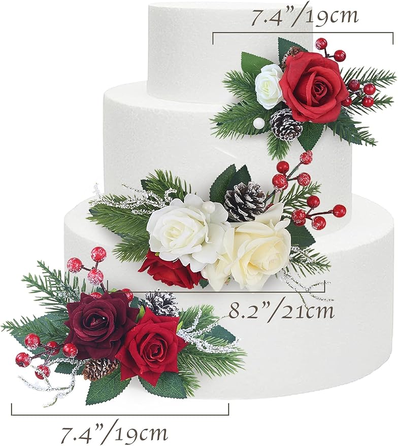 Rinlong 3Pcs Pre-made Cake Topper Cake Decorating Flowers for Christmas Cake Decor Burgundy Xmas Cake Decorations for Wedding Baptism