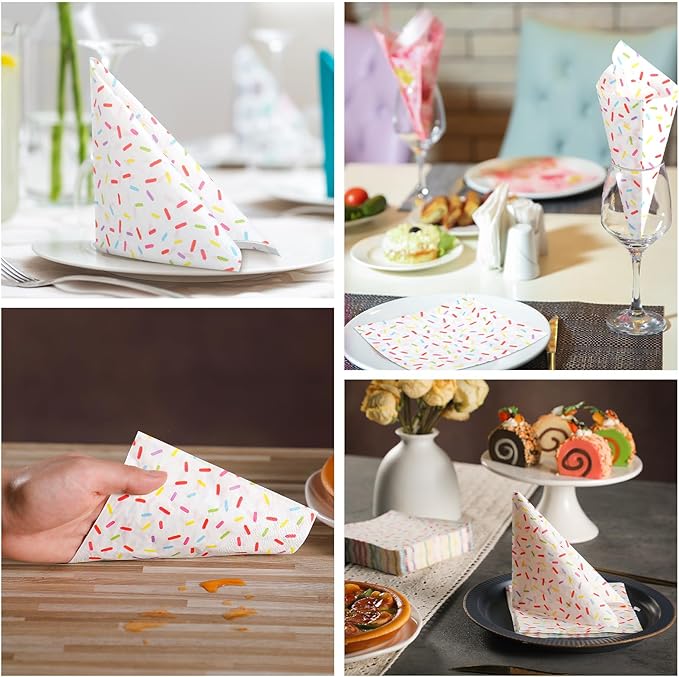100 Pcs Sprinkles Napkins 2 Ply Disposable Paper Napkins for Baby Shower Birthday Party Theme Table Decor Supplies(White,Donut)