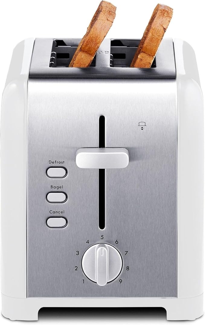 Kenmore toaster 2 slice - extra wide slot countertop kitchen appliance, defrost function, tostador de pan, 9 shade settings, compact design, easy clean crumb tray, bread bagel, stainless steel & White