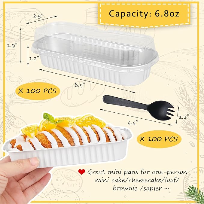 LNYZQUS Mini Loaf Pans with Lids 100 Pack, 6.8oz Mini Cake Pans Rectangle Aluminum Foil Baking Tins Containers,Disposable Small Cake Baking Pan Cupcake Baking Cups Muffin Tins-White