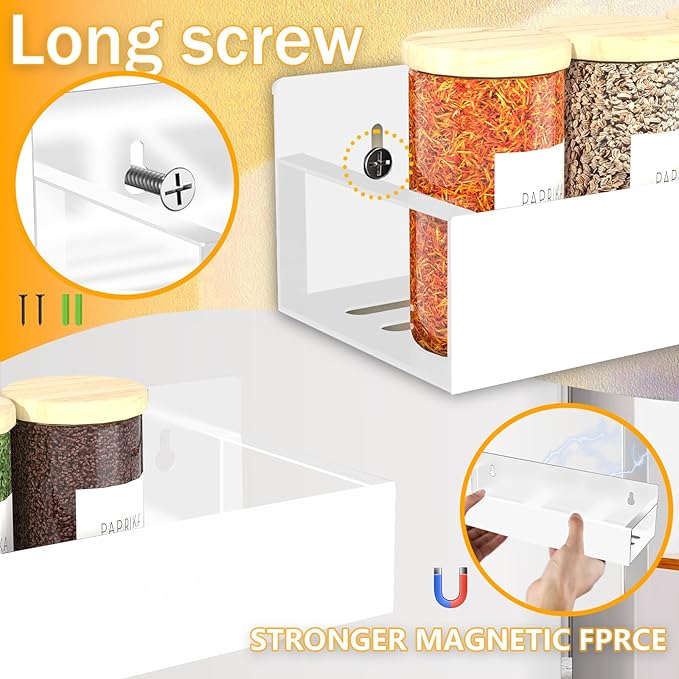 Magnetic Spice Rack Organizer for Fridge Seasoning Organizer for Kitchen Storage With Screw Magnetic Shelf for Oven, RV,Garage,Bathroom (White, 4pack)