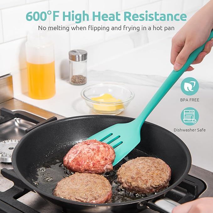 13.6" Slotted Silicone Turner: U-Taste 600ºF Heat Resistant Kitchen Spatula Flipper, Food Grade Flexible Wide Seamless Rubber Cooking Utensil for Egg, Omelette, Burger in Nonstick Cookware (Aqua Sky)