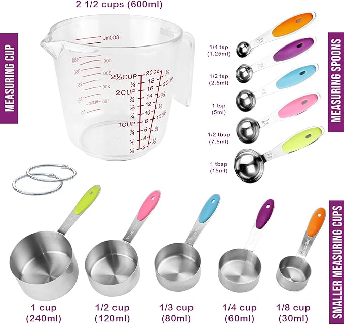 Measuring Cups and Spoons Set 11 Piece. Includes 10 Stainless Steel Measuring Spoons and Cups Set and 1 Plastic Measuring Cup. Liquid Measuring Cups Set and Dry Metal Measuring Cup Set