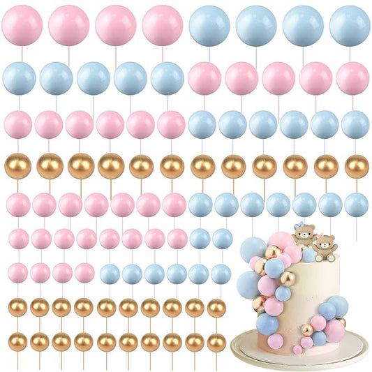 108 Pcs Balls Cake Topper DIY Cupcake Insert Foam Balloons for Cake Baking Wedding Anniversary Birthday Decoration(Pink, Blue, Gold,Multi Sizes)