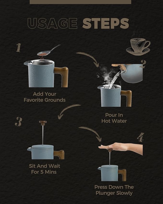 POLIVIAR French Press Coffee Maker, 34 Ounce Coffee Press with Real Wood Handle, Double Wall Insulation & Dual-Filter Screen, Food Grade Stainless Steel for Good Coffee and Tea JX2023-FPLU