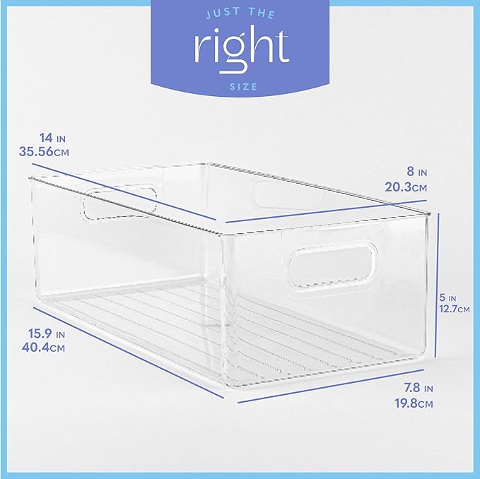 Plastic Food Storage 2 Pack Clear Container Bin with Handles for Organizing Kitchen, Pantry, Refrigerator, Freezer, Pantry, Cabinet, Closet, Bathroom. 14”x8”x5”