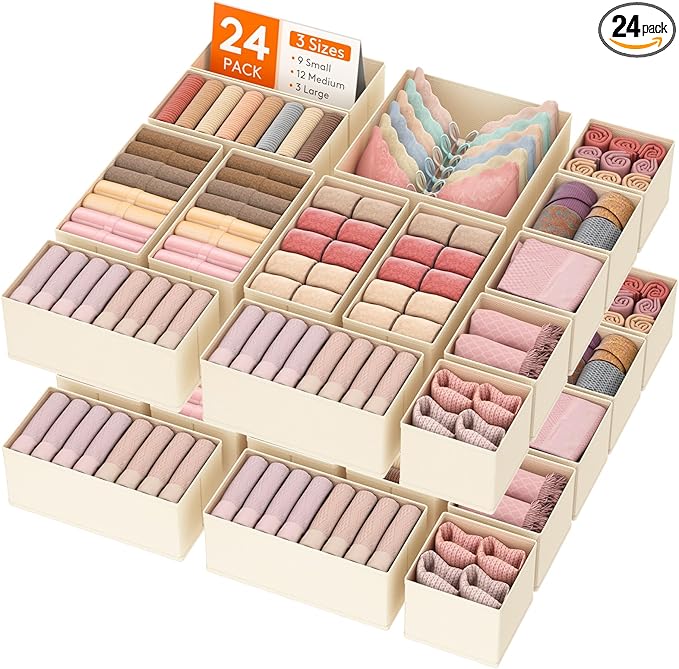 Lifewit 24 Pack Drawer Organizer, Dresser Underwear Drawer Organizer Bins, Foldable Fabric Closet Organizers, Storage Drawer Dividers, Dorm Room Essentials for Clothing, Socks, Towels, Ties Khaki