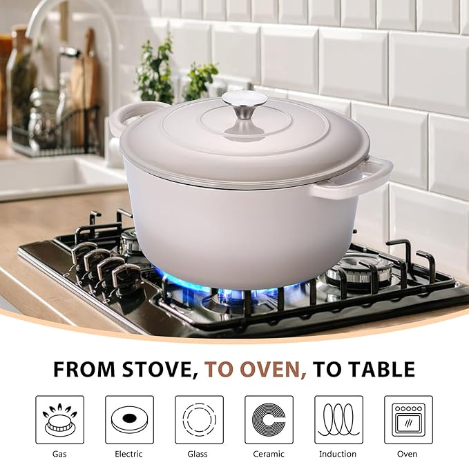 E-far 6 Quart Enameled Cast Iron Dutch Oven, Round Dutch Oven Pot with Lid, Nonstick Cookware for Braising/Stews/Roasting/Bread Baking/Cooking, Heavy Duty, Induction & Oven Safe - Khaki