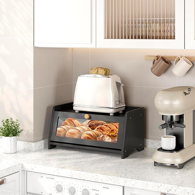 Bread Box for Kitchen Countertop, Large Bread Container Storage, Wooden Farmhouse Bread Box with Window Bread Holder (Black)