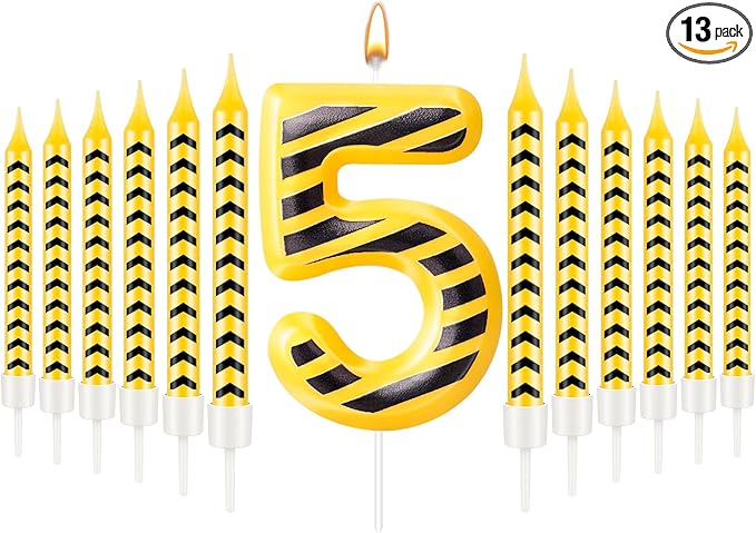 13 Pcs Construction Themed Birthday Candles Set Yellow and Black Number 5 Candle Cake Topper for Construction Party Decoration Supplies (Number 5)