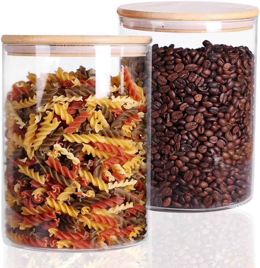 Set of 2 Glass Flour Container with Airtight Bamboo Lid, Large Food Jar with Wooden Lid for Storage Flour, Sugar, Cookies, Rice, Coffee Beans(3L)