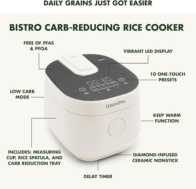 GreenPan Carb Reducing Electric Rice Cooker, 4 Cups Uncooked/8 Cooked Rice, 10 Presets, LED Display, Healthier Meals, Delay Timer, PFAS-Free Ceramic Nonstick Removable Bowl, Cool Touch, Steam, Cream