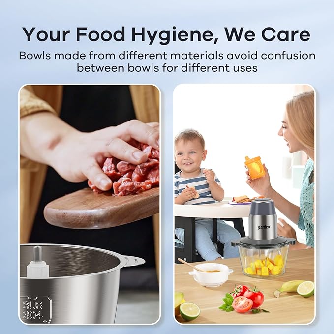 GANIZA Food Processors, Electric Chopper with Meat Grinder & Veggie Chopper - 2 Bowls with Powerful Copper Motor - Includes 2 Sets of Bi-Level Blades for Baby Food/Meat (Grey, 8 Cup+8 Cup)