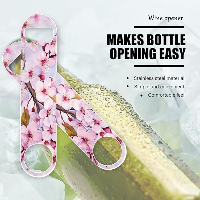 2 PACK Beer Bottle Opener, Stainless Steel Flat Bottle Openers,7 inch Metal Decor,Cherry Blossoms With Pink Petals