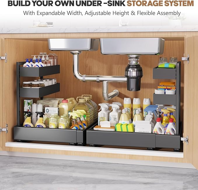 Expandable Under Sink Organizer with 3 Ball-Bearing Slide Rails , 2-Tier Pull-Out Under Cabinet Storage Shelf for Kitchen & Bathroom , Height-Adjustable Slide-Out Cabinet Drawer （Black, 1-Pack）