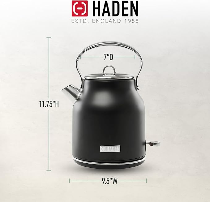 HADEN Heritage 1.7 Liter Stainless Steel Electric Kettle, Hot Water Kettle with 360-Degree Base and Auto Shutoff, Black & Chrome