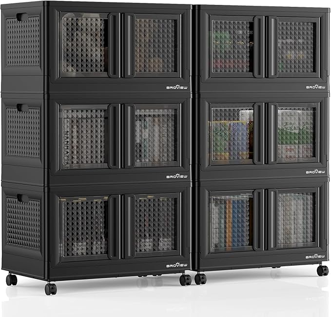 600Qt Stackable Storage Bins with Lids, 150Gal Closet Organizers and Storage Drawer, Plastic Collapsible Storage Bins with Doors, Heavy Duty Store Box Cabinet for Home Office, 6 Pack Black