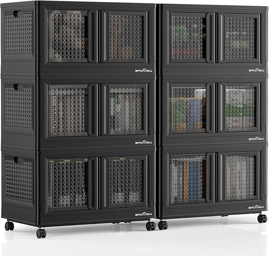 600Qt Stackable Storage Bins with Lids, 150Gal Closet Organizers and Storage Drawer, Plastic Collapsible Storage Bins with Doors, Heavy Duty Store Box Cabinet for Home Office, 6 Pack Black