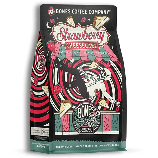Bones Coffee Company Strawberry Cheesecake Flavored Coffee, Medium Roast Low Acid Arabica Beans Compatible with Auto drip and French Press Coffee Maker, 12 Oz Whole Bean